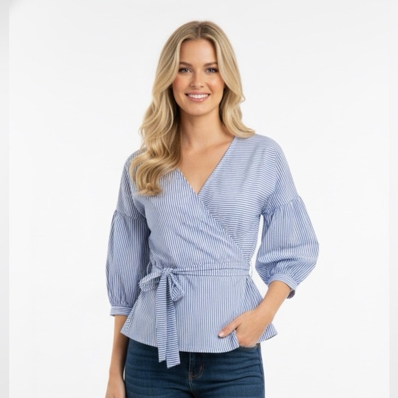 Charlotte Russe blue striped belted boho top - Picture 1 of 6